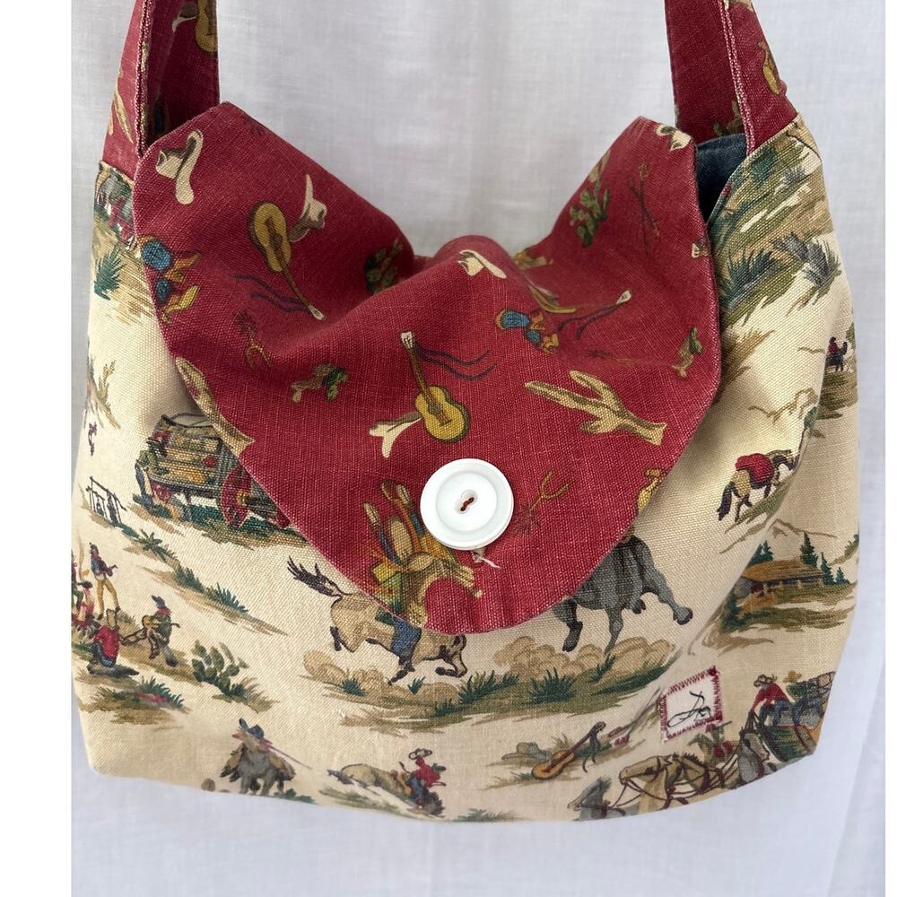 Handmade Messenger Style Bag Vintage Novelty Cowboy Rodeo Barkcloth Fabric